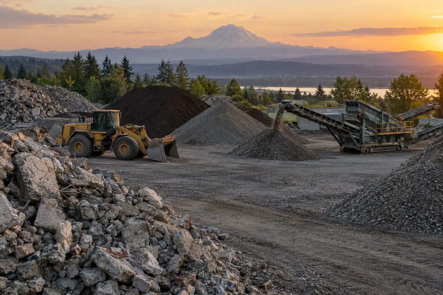Stockpiles of recycled concrete and soil at an aggregate yard